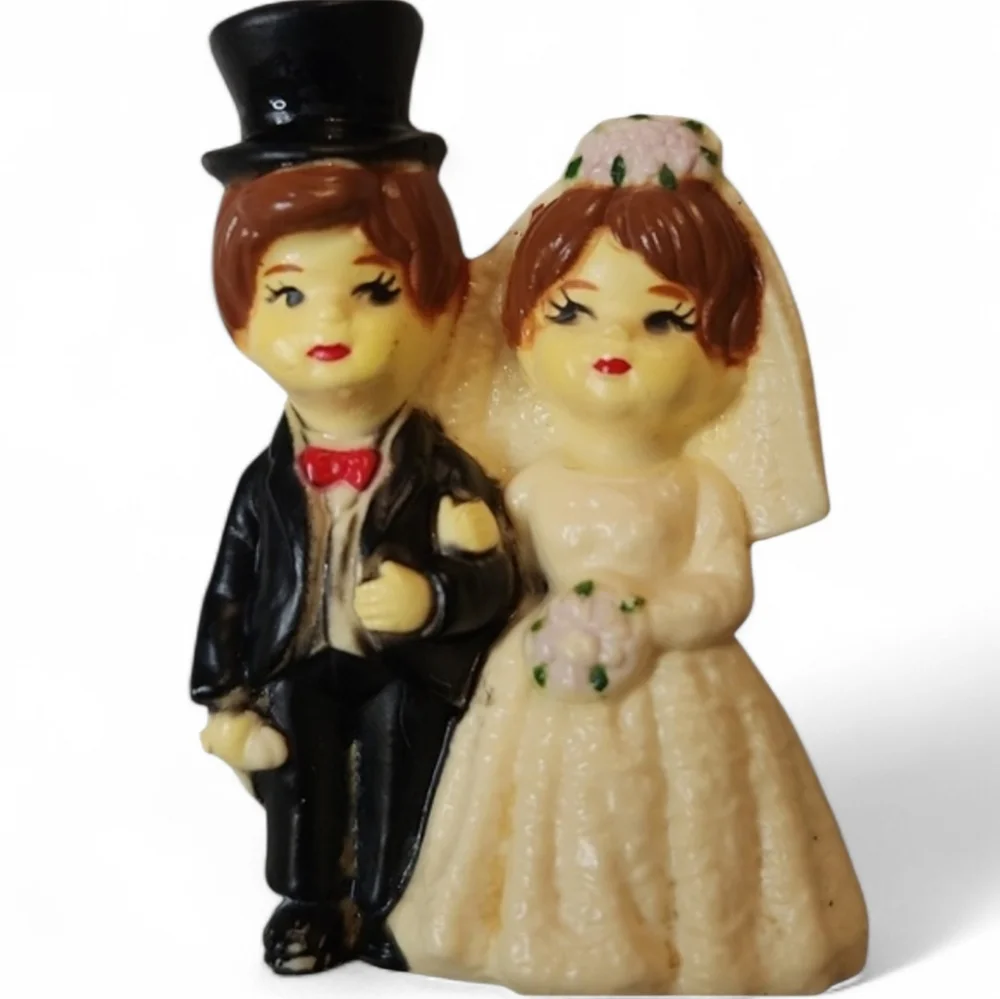 Vintage Mini Bride & Groom Cake Topper 2.25” Plastic Figurine